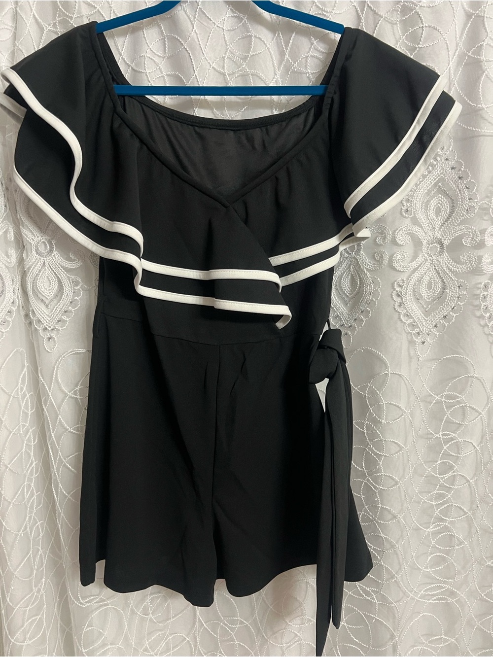 Black Ruffle-Trim Women’s Romper with White Piping